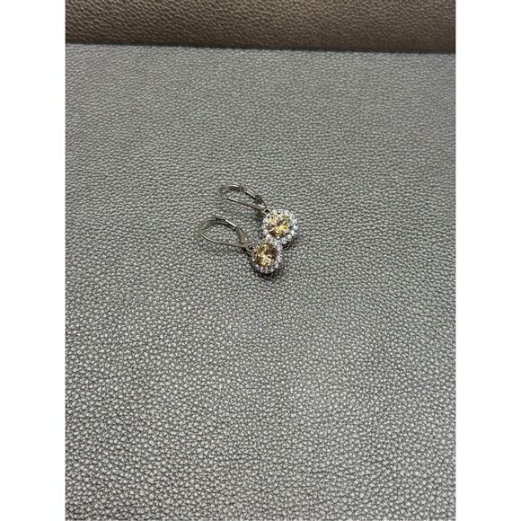 Simulated Citrine and Diamond Rhodium plated Lever back Earrings - Picture 3 of 4